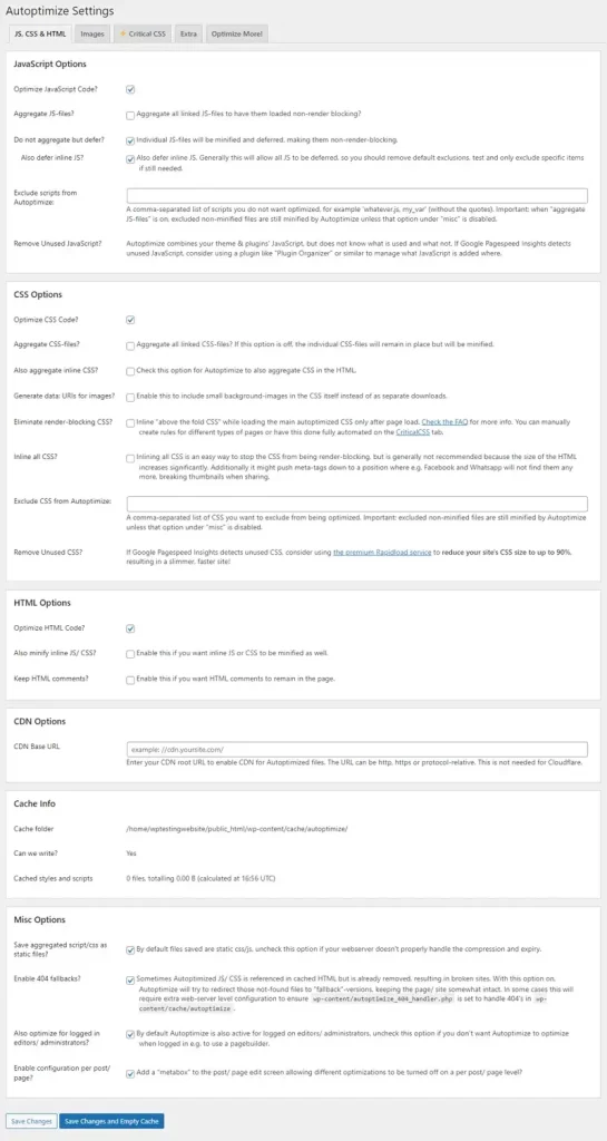 Settings Autoptimize Plugin