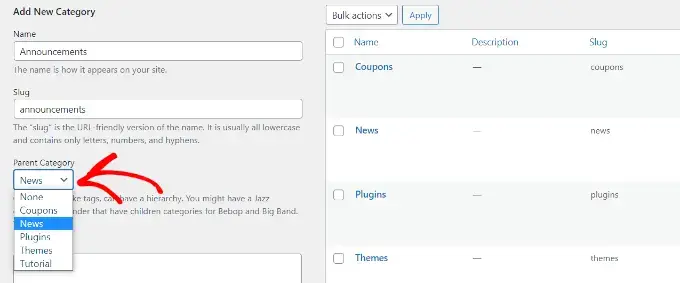 Creating Parent and Child Categories in WordPress