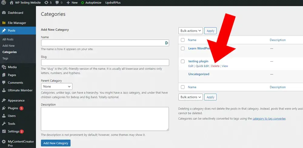 Deleting Categories in WordPress