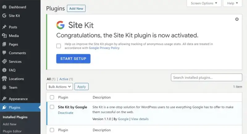 Setting up Google Site Kit