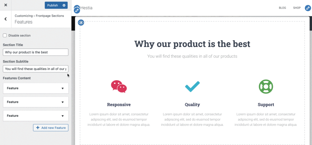 how you can customize the home page using the WordPress Hestia theme